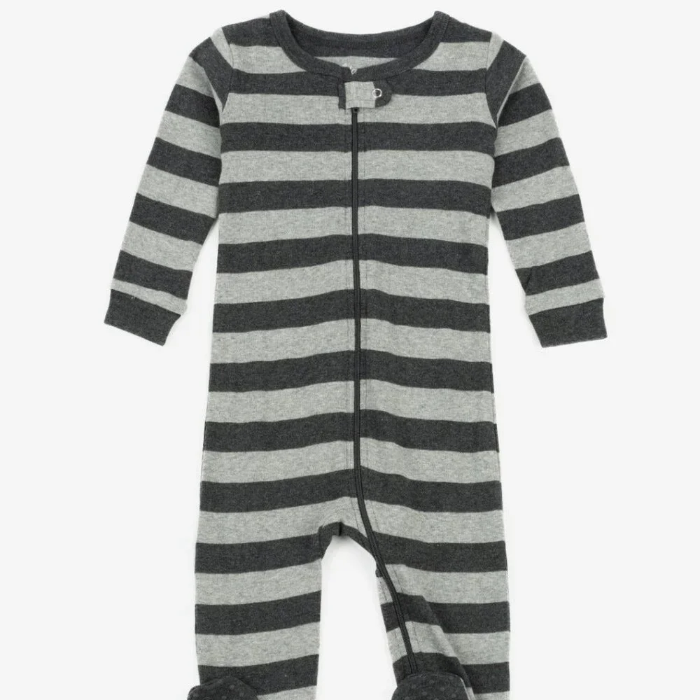 NWT Leveret 2T 100% Cotton Black/Charcoal Gray Striped Baby Footed Pajamas